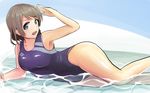  bad_id bad_pixiv_id blue_eyes brown_hair competition_swimsuit highres love_live! love_live!_sunshine!! lying on_side one-piece_swimsuit rouyan salute short_hair solo swimsuit watanabe_you water 