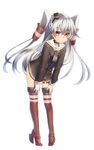  amatsukaze_(kantai_collection) asymmetrical_gloves bent_over black_shirt brown_eyes brown_legwear collar dress garter_straps gloves hair_ornament high_heels kantai_collection keita_(tundereyuina) long_hair looking_at_viewer microdress red_footwear sailor_dress shirt shoes silver_hair simple_background solo thighhighs white_background white_gloves 