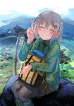  ^_^ absurdres backpack backpack_removed bag blush brown_hair closed_eyes commentary_request day hair_ornament hairclip highres inami_hatoko jacket landscape long_sleeves outdoors pantyhose rock short_hair shorts sitting smile solo v yama_no_susume yukimura_aoi 