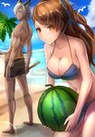  1girl animal_ears bad_id bad_pixiv_id beach beatrix_(granblue_fantasy) bikini bird blue_bikini blue_eyes breasts brown_hair cleavage eustace_(granblue_fantasy) food fruit granblue_fantasy highres large_breasts long_hair looking_at_viewer luse_maonang navel ocean palm_tree ponytail red_eyes sand short_hair smile swimsuit tree watermelon white_hair 