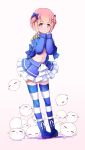  1girl ankle_boots beelzebub-jou_no_okinimesu_mama. belphegor_(beelzebub-jou) blue_bow blue_footwear blue_legwear blue_ribbon blue_shirt blue_skirt blush boots bow closed_mouth commentary_request creature crop_top epaulettes frilled_skirt frills full_body gradient gradient_background hair_ornament hair_ribbon hairclip hands_up long_sleeves looking_at_viewer midriff miniskirt mochizuki_saku navel nose_blush pigeon-toed pink_eyes pink_hair ribbon shadow shirt short_hair sidelocks simple_background skirt sleeves_past_wrists solo standing stomach striped striped_legwear tareme thighhighs wavy_mouth x_hair_ornament zettai_ryouiki 