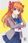  black_skirt bow gekkan_shoujo_nozaki-kun hair_bow highres hiroki_(hirokiart) long_hair looking_at_viewer orange_hair pleated_skirt purple_eyes rouman_academy_uniform sakura_chiyo school_uniform serafuku skirt solo 