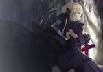  artoria_pendragon_(all) bare_tree blonde_hair blurry closed_eyes dark_excalibur depth_of_field fate/grand_order fate/stay_night fate_(series) from_behind gothic_lolita hakuishi_aoi lolita_fashion long_hair pantyhose saber_alter solo tree 