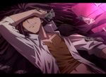  blush brown_eyes brown_hair clenched_hand danganronpa danganronpa_1 facial_hair hagakure_yasuhiro jacket_on_shoulders kajiwara_io letterboxed looking_down lying male_focus money navel on_back smirk solo stubble sweat 