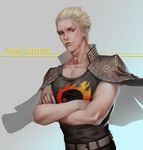  blonde_hair character_name collarbone crossed_arms danial ear_piercing grey_eyes jacket_on_shoulders male_focus muscle nose_piercing pectorals persona persona_4 piercing scar smile solo tank_top tatsumi_kanji upper_body 