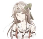  brown_eyes brown_hair closed_mouth double-breasted forehead_protector hachimaki hair_intakes headband ica jintsuu_(kantai_collection) kantai_collection long_hair looking_at_viewer neckerchief remodel_(kantai_collection) school_uniform serafuku serious sidelocks simple_background solo upper_body white_background 