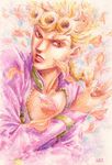  aki-rose artist_name blonde_hair earrings flower giorno_giovanna jewelry jojo_no_kimyou_na_bouken male_focus petals red_eyes solo stud_earrings traditional_media upper_body watercolor_(medium) 