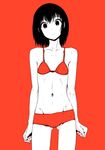  arms_at_sides bikini black_hair closed_mouth collarbone cowboy_shot expressionless flat_chest groin head_tilt highres looking_at_viewer monochrome navel original red_background red_bikini shokubai_phantom_girl short_hair simple_background solo spot_color standing swimsuit white_skin 