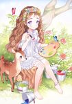  animal ankle_ribbon bare_shoulders barefoot bucket bug bush butterfly deer dress flower flower_wreath head_wreath insect jitter long_hair original paint_can paintbrush palette purple_eyes ribbon rose sitting smile solo tree_stump wavy_hair 