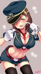  blue_eyes blush breasts brown_hair cleavage cuffs gloves hanabi_(ocha) handcuffs hat idolmaster idolmaster_cinderella_girls large_breasts looking_at_viewer midriff police police_hat police_uniform policewoman sakuma_mayu short_hair smile solo thighhighs uniform white_gloves zettai_ryouiki 