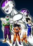  :d absurdres armor bald black_hair boots cape clenched_hands crossed_arms dragon_ball dragon_ball_z frieza green_skin highres kuririn looking_at_viewer multiple_boys muscle open_mouth piccolo red_eyes serious shinomiya_akino smile son_gokuu spiked_hair turban v-shaped_eyebrows vegeta white_skin 