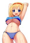  :d alice_margatroid armpits arms_up belly bikini bikini_under_clothes blonde_hair blue_bikini blue_eyes blush breasts crop_top crop_top_overhang hairband highres large_breasts looking_at_viewer navel open_mouth shiny shiny_skin shiron_(e1na1e2lu2ne3ru3) short_hair simple_background smile solo swimsuit touhou underboob white_background 