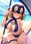  ass_visible_through_thighs bare_arms bare_shoulders bikini blonde_hair blue_sky blush breasts cleavage cloud collarbone covered_nipples day embarrassed eyebrows eyebrows_visible_through_hair fate/grand_order fate_(series) full-face_blush headpiece highres holding holding_staff jeanne_d'arc_(alter)_(fate) jeanne_d'arc_(fate)_(all) large_breasts layered_bikini leaning_forward looking_at_viewer oyaji-sou purple_bikini scrunchie short_hair sky sparkle staff standing summer swimsuit tassel thigh_gap thigh_strap wavy_mouth wrist_scrunchie yellow_eyes 