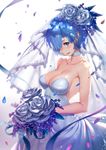  alternate_costume backlighting bare_arms bare_shoulders blue_eyes blue_hair blue_ribbon blurry blush bouquet breasts bridal_veil bride choker cleavage collarbone cowboy_shot dappled_sunlight depth_of_field dress eyelashes flower from_side gradient gradient_background hair_flower hair_ornament hair_over_one_eye happy holding holding_bouquet lace lace_trim leaf light_particles looking_at_viewer medium_breasts petals pointy_ears profile raijuu_(bakanara) re:zero_kara_hajimeru_isekai_seikatsu rem_(re:zero) ribbon rose see-through short_hair smile solo strapless sunlight veil white_background white_dress white_flower white_rose 