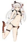  alternate_costume amatsukaze_(kantai_collection) bare_shoulders bikini black_bikini black_hat black_ribbon boots bracelet breasts buttons hair_ornament hairband hat highres jewelry jumping kantai_collection knee_boots lifebuoy_hair_ornament long_hair mini_hat ningen_(ningen96) open_clothes open_shirt red_footwear ribbon shirt side-tie_bikini silver_hair simple_background sleeveless sleeveless_shirt small_breasts solo swimsuit two_side_up unbuttoned unbuttoned_shirt very_long_hair white_background white_shirt yellow_eyes 