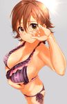  bangs bikini blurry bracelet breast_hold breasts brown_eyes cleavage depth_of_field foreshortening frilled_bikini frills grey_background hair_between_eyes highres honda_mio idolmaster idolmaster_cinderella_girls jewelry large_breasts light_smile looking_at_viewer q_(ed69) shiny shiny_hair shiny_skin short_hair side-tie_bikini sideboob simple_background solo sweat swimsuit tan tanline tareme thighs 