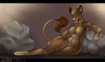  2013 anthro black_nose breasts brown_eyes digital_media_(artwork) eyebrows fangs featureless_breasts feline female front_view fur hybrid looking_at_viewer mammal multicolored_fur navel nude saber-toothed_cat sabertooth_(feature) smile solo tail_tuft thick_thighs tuft vexstacy wide_hips 