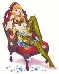  bare_shoulders barefoot blonde_hair blush breasts bug butterfly chair chinese_commentary circlet commentary_request elf fangxiang_cuoluan flower full_body green_legwear highres insect jewelry knee_up long_hair looking_at_viewer medium_breasts original pointy_ears red_eyes sitting solo toe_ring toeless_legwear toes 