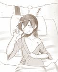  =_= blanket blush closed_eyes dreaming drooling flat_chest hair_down japanese_clothes kantai_collection maku_ro monochrome off_shoulder open_mouth sleeping solo zuikaku_(kantai_collection) zzz 