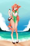  anthro antlers beach bulge cervine clothed clothing crossdressing deer erection floaties geekidog girly hi_res horn looking_at_viewer male mammal nipple_piercing nipples outside piercing seaside solo standing swimsuit 