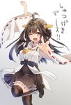  ;d ahoge black_legwear black_skirt brown_hair grey_background hair_ornament japanese_clothes kantai_collection keita_(tundereyuina) kongou_(kantai_collection) long_hair looking_at_viewer miko one_eye_closed open_mouth pleated_skirt skirt smile solo thighhighs translation_request v-shaped_eyebrows zettai_ryouiki 