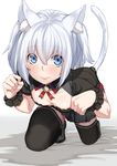  animal_ears black_legwear blue_eyes breasts cat_ears cat_tail deras kneeling looking_at_viewer original paw_pose short_hair small_breasts solo tail thighhighs white_hair 