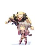  &gt;_&lt; armor blonde_hair blush bow bowtie chibi closed_eyes commentary drill_hair elfi_(fire_emblem_if) elise_(fire_emblem_if) fire_emblem fire_emblem_if green_eyes hair_bun lifting_person multiple_girls open_mouth silver_hair tostantan twin_drills twintails 