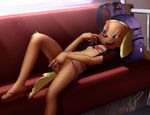  2016 anthro backpack blonde_hair brandy_and_mr._whiskers brandy_harrington breasts canine clothing disney dog female footwear hair hi_res mammal nipples pussy pussy_juice sandals shirt sicmop skirt sofa solo 