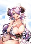  ajishio arm_support bikini blush breasts cleavage demon_horns draph frilled_bikini frills front-tie_bikini front-tie_top granblue_fantasy hair_ornament hair_over_one_eye heavy_breathing highres horns large_breasts lavender_hair long_hair looking_at_viewer low_twintails narmaya_(granblue_fantasy) navel open_mouth pointy_ears purple_eyes sitting solo sweat swimsuit thigh_strap twintails white_bikini yokozuwari 