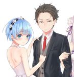  2girls aimee_(emi) aqua_eyes back bad_id bad_pixiv_id bags_under_eyes bare_arms bare_shoulders black_hair blue_hair blush brown_eyes commentary dress emilia_(re:zero) eyebrows eyebrows_visible_through_hair flower formal girl_sandwich hair_flower hair_ornament hair_ribbon hand_on_another's_shoulder long_hair long_sleeves looking_back multiple_girls natsuki_subaru necktie out_of_frame pocket purple_ribbon re:zero_kara_hajimeru_isekai_seikatsu red_neckwear rem_(re:zero) ribbon sandwiched short_hair simple_background suit sweatdrop white_background white_dress x_hair_ornament 