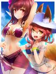  animal_ears bad_id bad_pixiv_id bikini blue_bikini blue_legwear blush breasts cloud cloudy_sky day ears_through_headwear fate/grand_order fate_(series) flower fox_ears fox_tail hair_flower hair_ornament hat hibiscus highres medium_breasts midriff multiple_girls navel nekodayo22 pink_hair purple_hair purple_sarong red_eyes sarong scathach_(fate)_(all) scathach_(swimsuit_assassin)_(fate) shirt sky sun_hat swimsuit t-shirt tail tamamo_(fate)_(all) tamamo_no_mae_(fate) tamamo_no_mae_(swimsuit_lancer)_(fate) wet wet_clothes wet_shirt wet_t-shirt white_hat yellow_eyes 