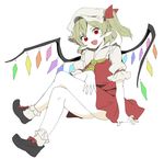  :d arm_garter arm_support ascot black_footwear blonde_hair bobby_socks bow commentary crossed_legs crystal fang flandre_scarlet full_body hasebe_yuusaku hat hat_ribbon looking_at_viewer mob_cap open_mouth pointy_ears puffy_short_sleeves puffy_sleeves red_bow red_eyes red_ribbon ribbon shoes short_sleeves side_ponytail sitting skirt skirt_set smile socks solo touhou wings 