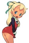  aqua_eyes ass blonde_hair bottomless cowboy_shot forehead ishikawa_hideki long_hair long_sleeves looking_at_viewer open_mouth ponytail ribbon rockman rockman_(classic) roll simple_background skirt skirt_tug solo underass white_background 