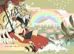  1boy animal_ears bird black_hair cat cat_ears cloud egasumi facial_mark feathers flower full_body highres honya_lala jewelry looking_at_viewer lotus male_focus necklace oriental_umbrella original rainbow single_earring sitting sky smile solo tiger torii traditional_clothes umbrella yellow_eyes 