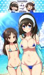  age_difference areola_slip areolae bikini black_hair blue_eyes blush bow breasts brown_eyes brown_hair covered_nipples hair_bow hairband highres idolmaster idolmaster_cinderella_girls jewel_(the_black_canvas) large_breasts lens_flare long_hair looking_at_viewer micro_bikini multiple_girls open_mouth partially_translated sagisawa_fumika sun swimsuit tachibana_arisu translated translation_request 