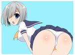  1girl artist_request ass bent_over blue_eyes blush breasts cameltoe from_behind hair_over_one_eye hairclip hamakaze_(kantai_collection) kantai_collection leaning leaning_forward looking_at_viewer looking_back open_mouth panties school_uniform shiny shiny_hair shiny_skin short_hair sideboob silver_hair skirt solo underwear upskirt 