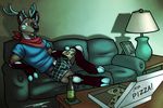  alcohol angry_orchard antlers beer beverage boxers_(clothing) cervine clothing deer food horn lamp male mammal picture_frame pizza sofa solo surprise television tsaiwolf underwear west_(character) 