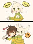  ambiguous_gender anthro asriel_dreemurr blush boss_monster brown_hair caprine chara_(undertale) child claws clothed clothing comic duo english_text fur goat green_eyes hair hair_tuft human humanoid locket long_ears male mammal open_mouth red_eyes scared simple_background smile stripes sweat sweater text tongue tongue_out undertale video_games white_fur young 