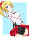  ayase_eli blonde_hair blue_eyes blush bokura_wa_ima_no_naka_de breasts cowboy_shot dutch_angle earrings english fingerless_gloves from_side gloves happy_birthday jewelry large_breasts love_live! love_live!_school_idol_project midriff ponytail profile red_gloves smile solo thighs wakataku 