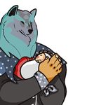  anthro baby bernardbuttfart_(artist) big_lincoln_(character) black_eyes blue_fur buddy_armstrong_(character) canine clothing female fur holding_(disambiguation) human jacket leather leather_jacket lisa_the_joyful lisa_the_painful male mammal polka_dots simple_background smile white_background wolf young 