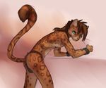  akineza anthro black_nose brown_hair clothed clothing feline fur green_eyes hair leaning leopard male mammal simple_background sketch smile solo spots spotted_fur standing topless 