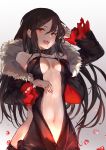  1girl arm_up black_dress black_jacket blood blood_from_mouth bloody_hands breasts brown_hair commentary_request consort_yu_(fate) consort_yu_(fate/grand_order) cropped_jacket dress fate/grand_order fate_(series) fingernails fur-trimmed_jacket fur_trim glowing glowing_eyes gradient gradient_background grey_background highres jacket long_hair looking_at_viewer medium_breasts mosta_(lo1777789) navel no_bra open_clothes open_jacket open_mouth red_eyes solo torn_clothes torn_sleeves very_long_hair white_background wide_sleeves 