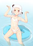  :o absurdres afloat blush covered_navel covered_nipples ero_mang-a flat_chest hair_ribbon heart highres innertube looking_at_viewer red_eyes ribbon see-through short_hair short_twintails sitting solo twintails vittorio_veneto_(zhan_jian_shao_nyu) water wet white_hair zhan_jian_shao_nyu 