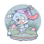  ;p blue_eyes blue_hair blush blush_stickers bush chibi eighth_note flower geta karakasa_obake long_sleeves musical_note one_eye_closed ooyama_bokuchi open_mouth rain red_eyes skirt solo speech_bubble spoken_musical_note tatara_kogasa tongue tongue_out touhou umbrella vest waving 