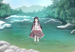  :d black_hair forest hands_on_own_chest hime_cut houraisan_kaguya japanese_clothes kimono lake long_hair mountain nature nurupo_(abooon) open_mouth red_eyes skirt skirt_hold smile solo standing stream touhou very_long_hair wading water wide_sleeves 