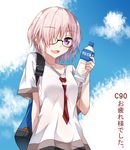  alternate_costume alternate_hair_color arm_behind_back bag blue_sky bottle breasts casual cloud collarbone day fate/grand_order fate_(series) glasses hair_over_one_eye holding holding_bottle large_breasts lavender_hair looking_at_viewer mash_kyrielight open_mouth purple_eyes shirt short_hair short_sleeves sky smile solo translation_request tsuedzu water_bottle 