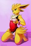  2016 anthro anthrofied armpits claws clothed clothing eeveelution eyelashes female fur jolteon kneeling neck_tuft nintendo one-piece_swimsuit pok&eacute;mon pok&eacute;morph solo swimsuit toe_claws tuft video_games yellow_fur zwitterkitsune 