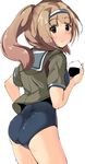  ass back bad_id bad_pixiv_id blush breasts brown_eyes chirashi_(so) eating food food_on_face hairband highres i-26_(kantai_collection) kantai_collection light_brown_eyes light_brown_hair long_hair looking_at_viewer looking_back medium_breasts new_school_swimsuit one-piece_swimsuit onigiri rice rice_on_face sailor_collar school_swimsuit short_sleeves solo swimsuit swimsuit_under_clothes two-tone_hairband two_side_up 