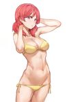  arms_up bare_arms bare_shoulders bikini blush breasts cleavage collarbone cowboy_shot eyebrows eyebrows_visible_through_hair groin hands_in_hair highres love_live! love_live!_school_idol_project medium_breasts navel nishikino_maki red_hair ribbon short_hair side-tie_bikini simple_background solo standing stomach swimsuit white_background yellow_bikini yellow_ribbon yohan1754 