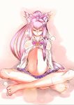  absurdres animal_ears barefoot blazblue breasts cat_ears cat_tail covered_nipples half-closed_eyes highleg highleg_panties highres indian_style kokonoe large_breasts long_hair microskirt midriff multiple_tails naughty_face navel no_bra nontan_(nontanexx) panties pink_hair see-through shirt sitting skirt smile solo sweat tail toes underwear yellow_eyes 
